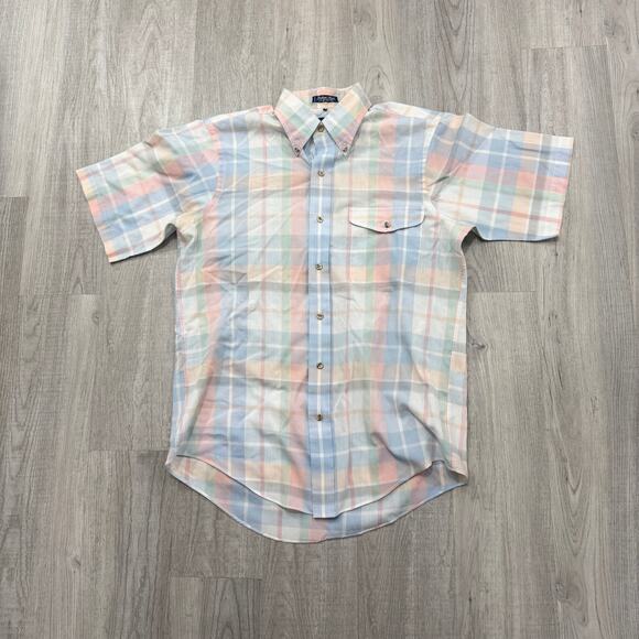 Vintage Gant Short Sleeve Button Shirt Men's Medium 80s 90s Pastel Preppy Plaid - Picture 1 of 7